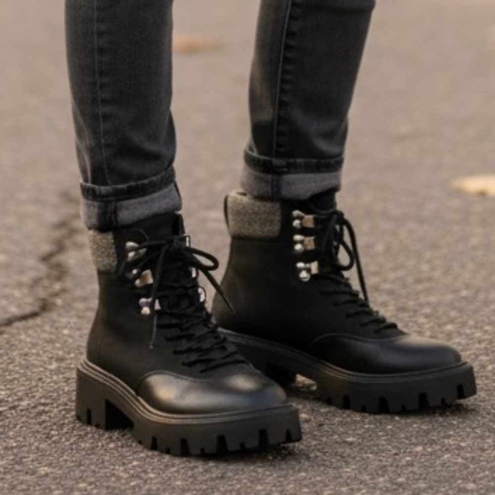NWT ONLY Women's Betty Black Faux Leather Lace Up Combat Chunky Ankle Boots 37